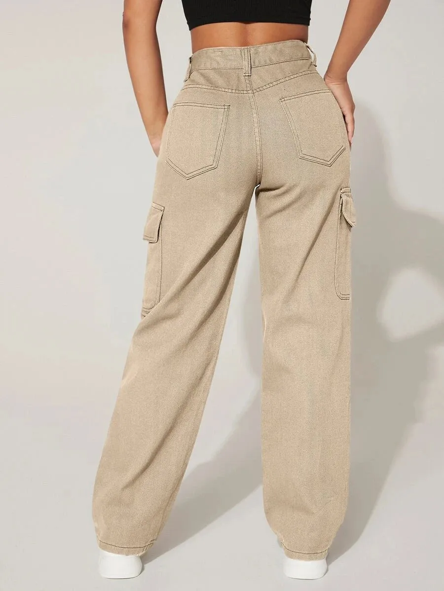 High Waist Easy Wear Flap Pocket Cargo Jeans