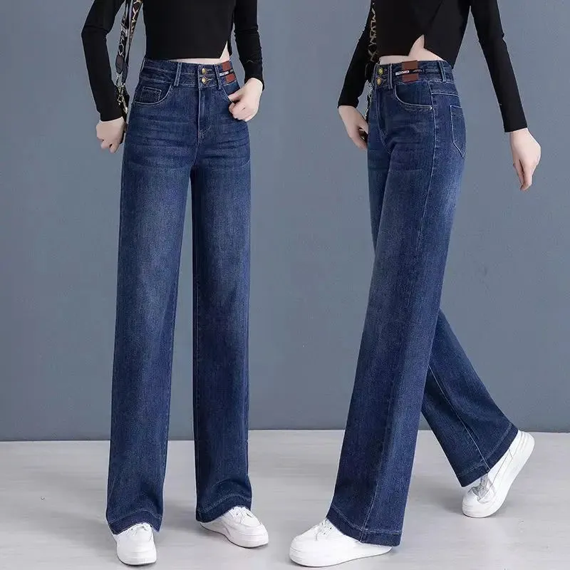 High Waisted Double Breasted Straight Wide-Leg Jeans