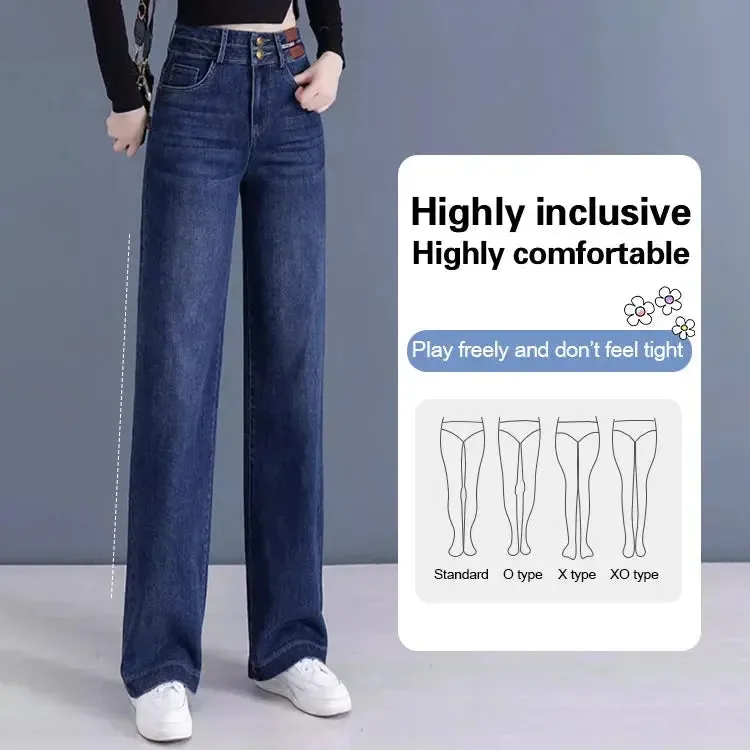 High Waisted Double Breasted Straight Wide-Leg Jeans