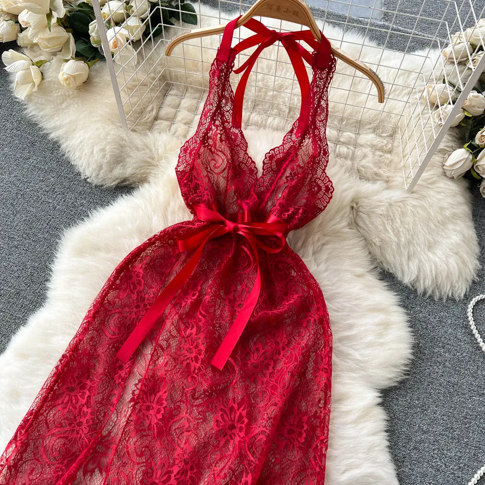 Hollowed Lace-up Red Halter Dress