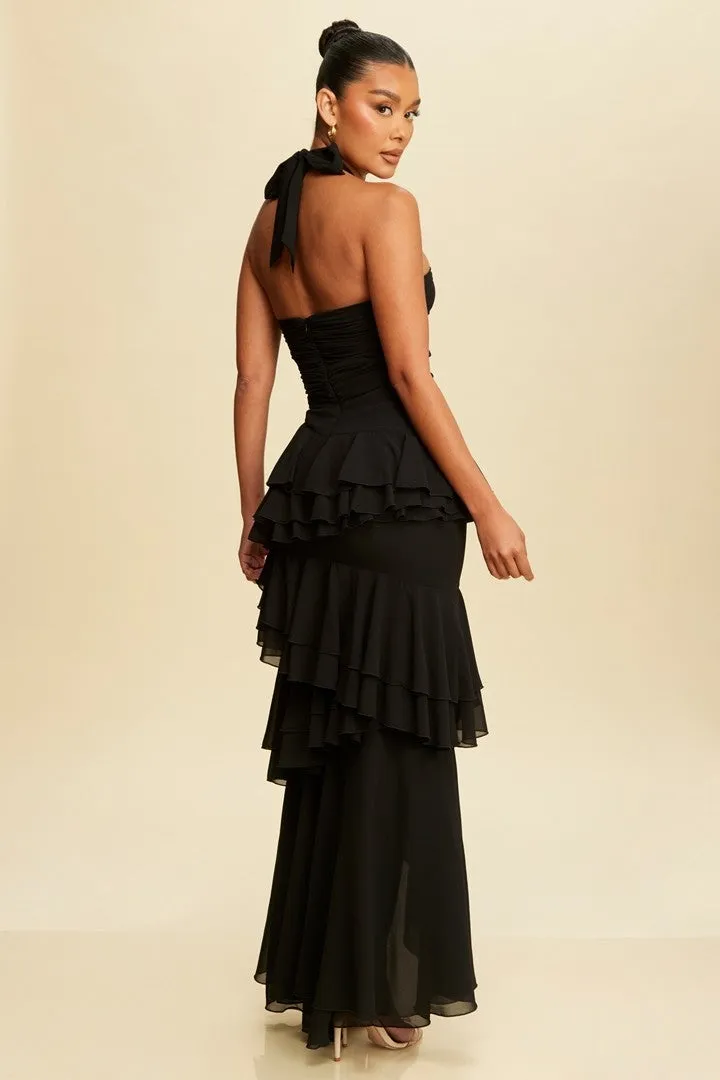 Jayla Twisted Ruffle Ariella Wine Maxi Dress - Black