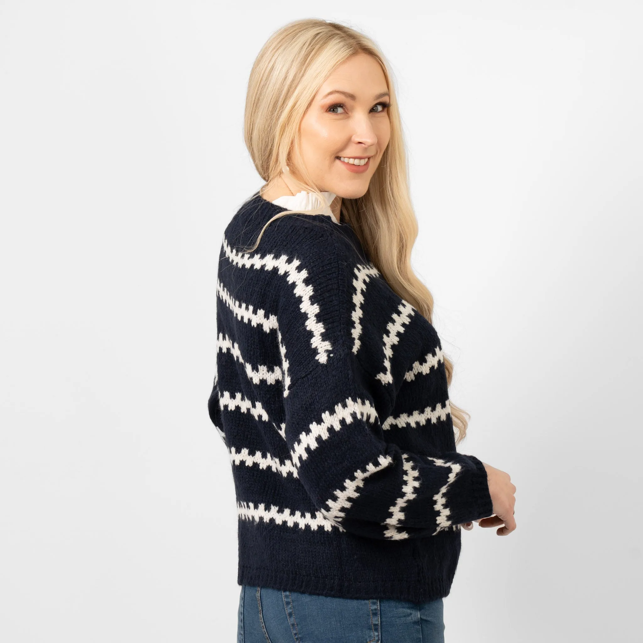 Kennedy Wool Blend Jumper - Navy Blue/Cream, Wavy Stripe