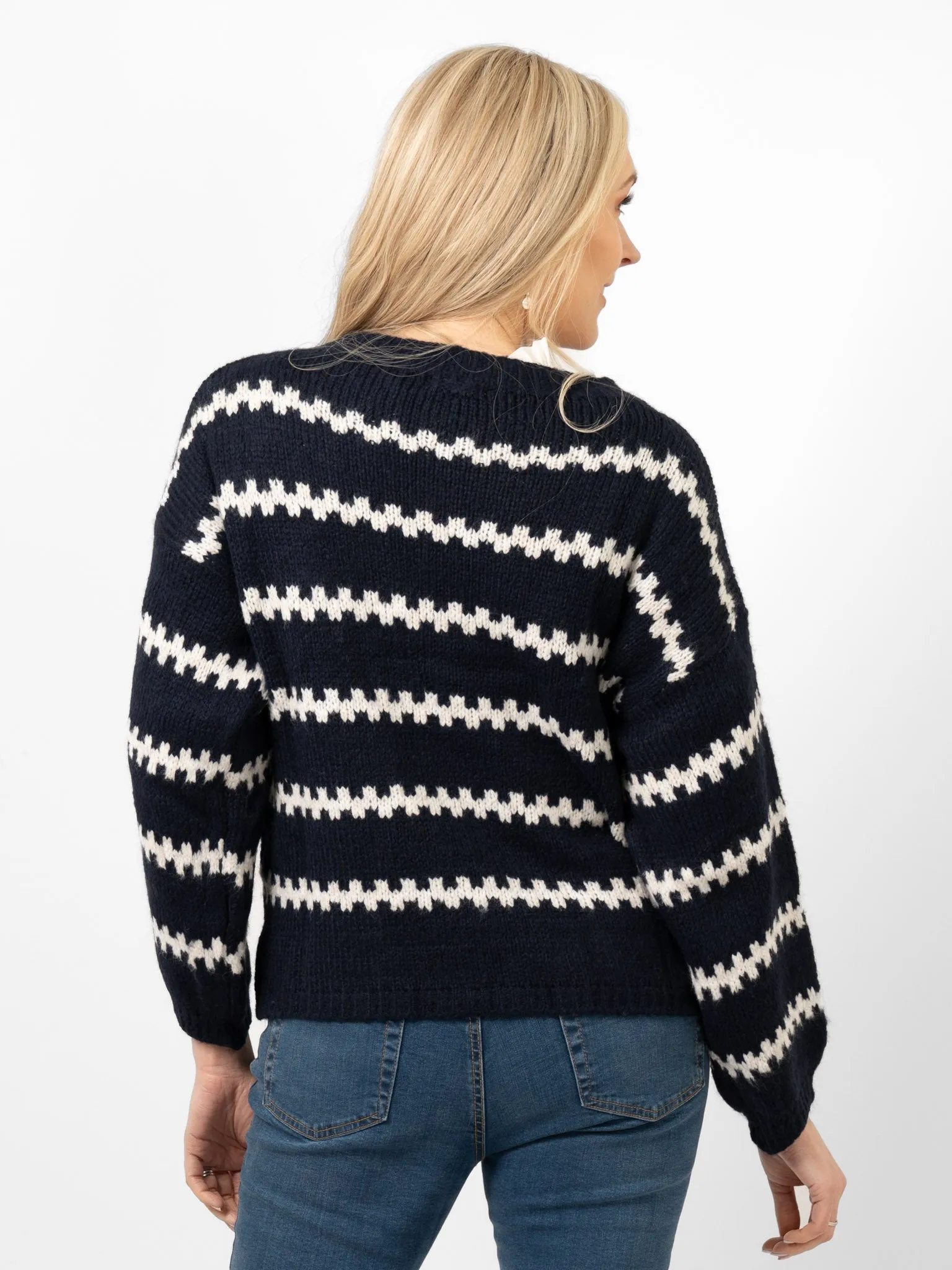 Kennedy Wool Blend Jumper - Navy Blue/Cream, Wavy Stripe