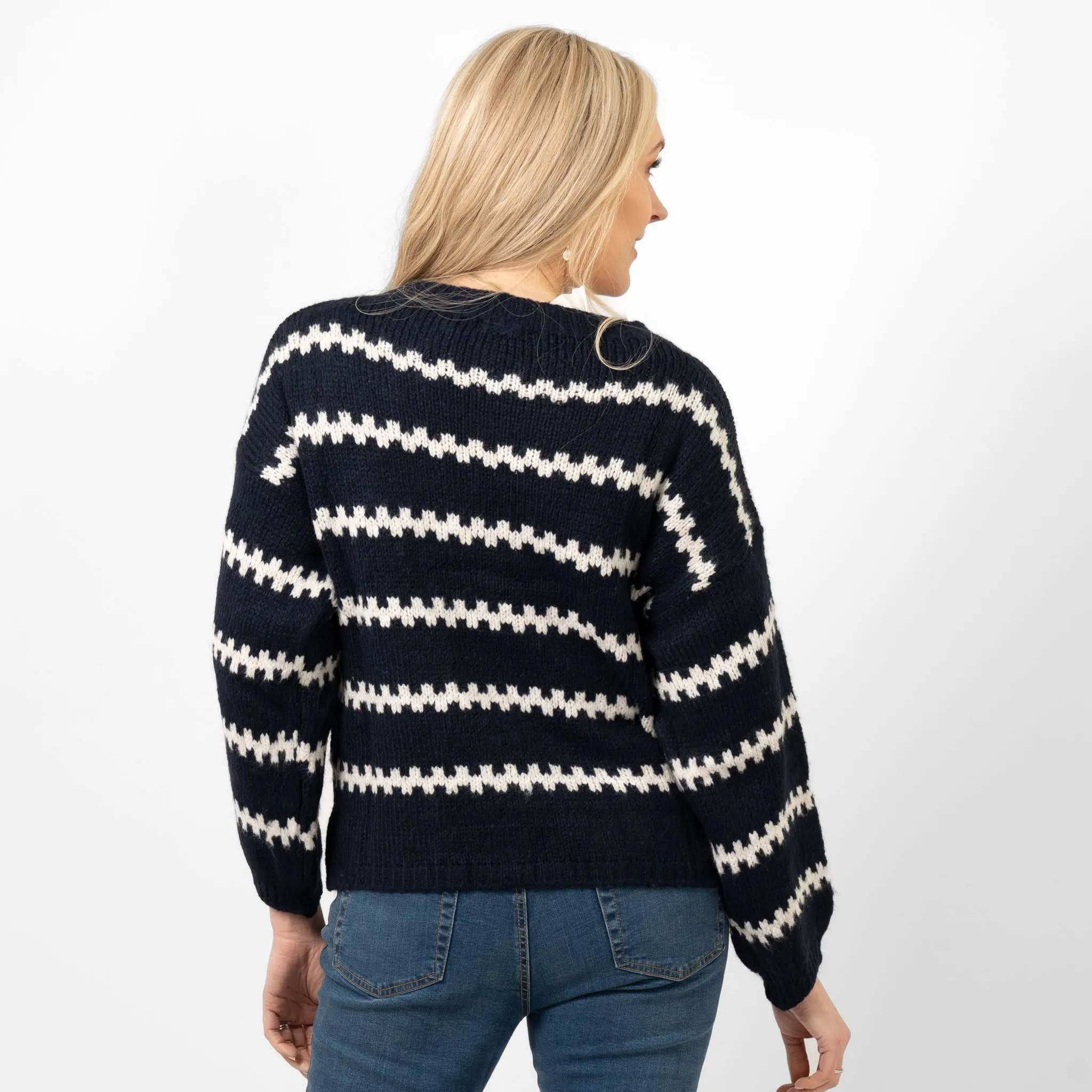 Kennedy Wool Blend Jumper - Navy Blue/Cream, Wavy Stripe