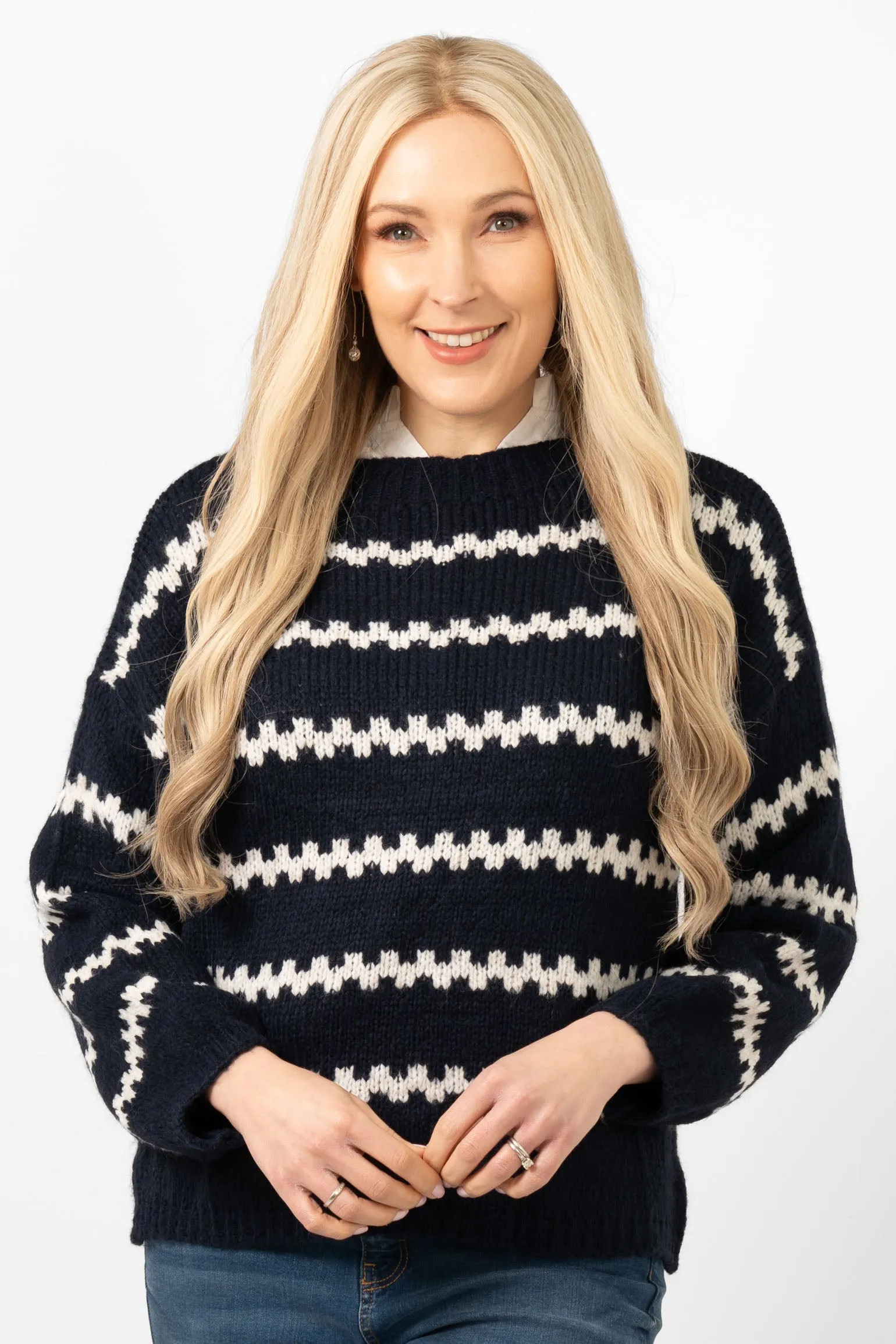 Kennedy Wool Blend Jumper - Navy Blue/Cream, Wavy Stripe