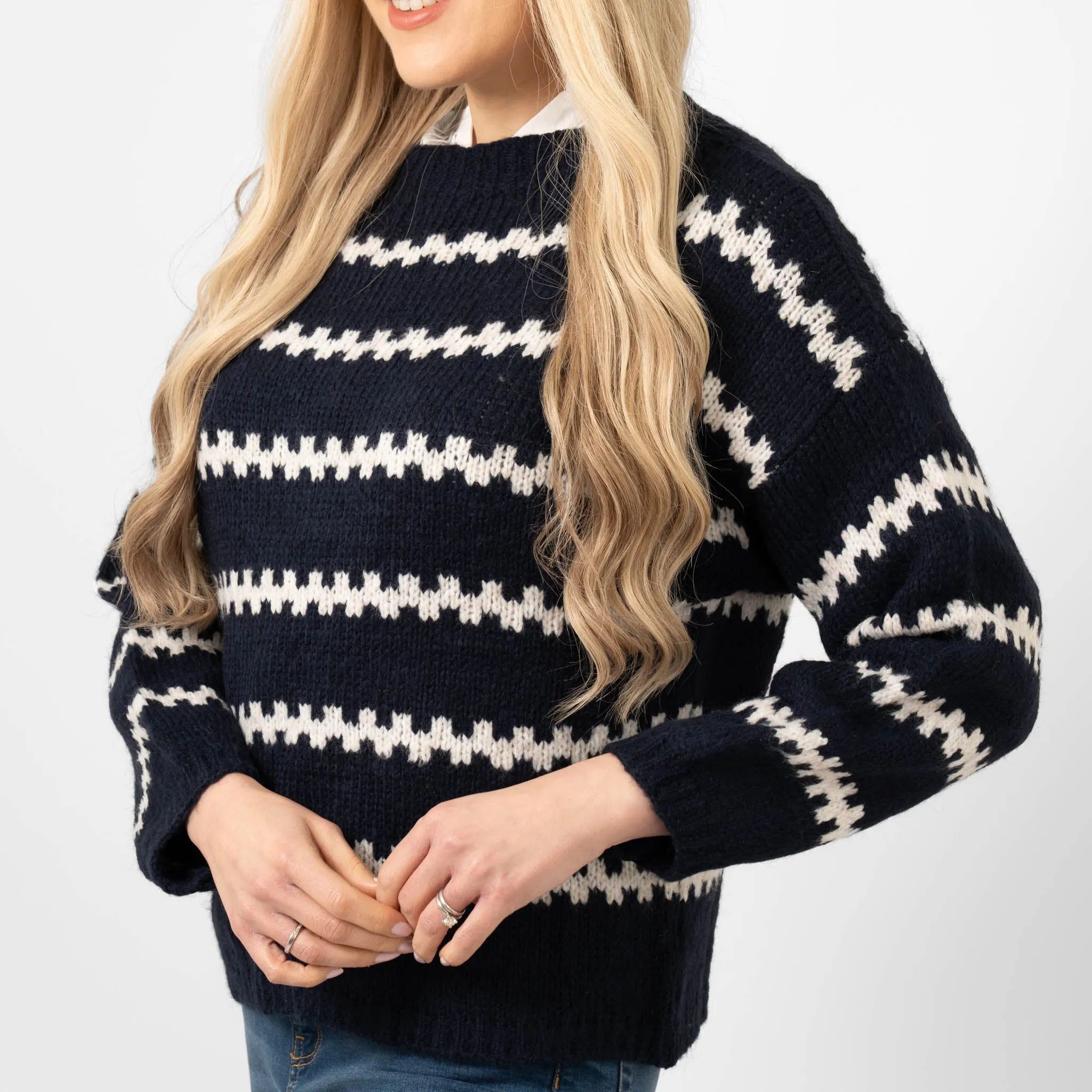 Kennedy Wool Blend Jumper - Navy Blue/Cream, Wavy Stripe