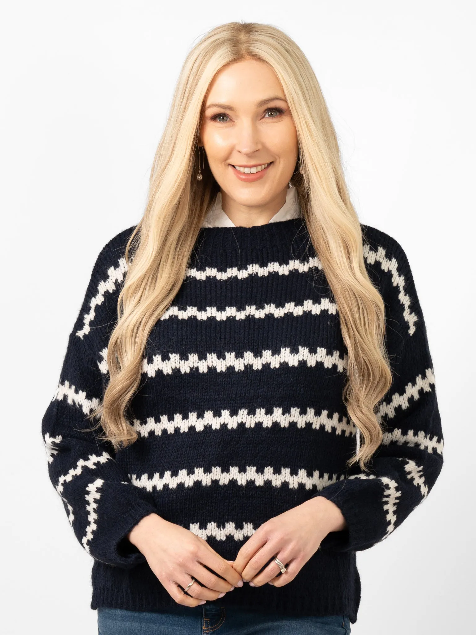 Kennedy Wool Blend Jumper - Navy Blue/Cream, Wavy Stripe