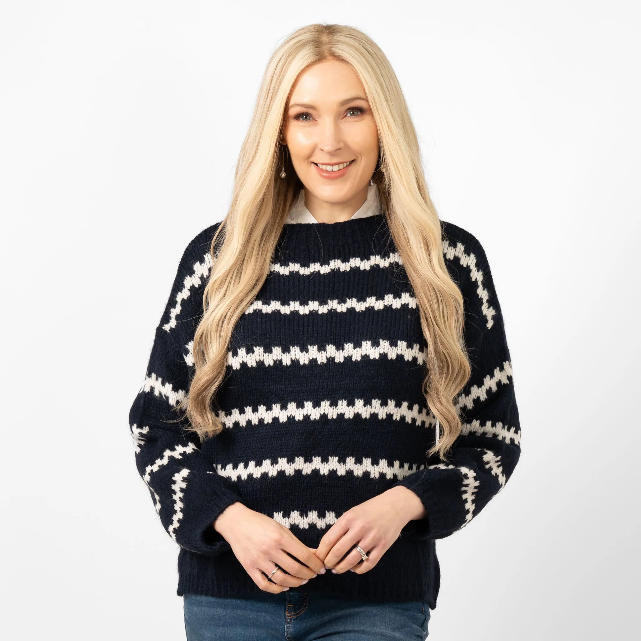 Kennedy Wool Blend Jumper - Navy Blue/Cream, Wavy Stripe