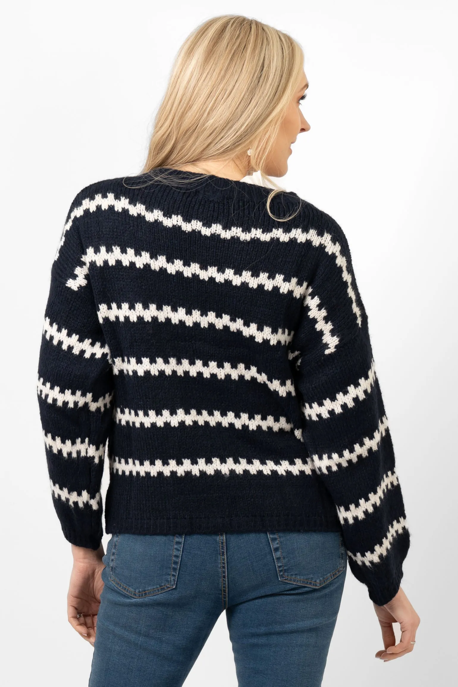 Kennedy Wool Blend Jumper - Navy Blue/Cream, Wavy Stripe