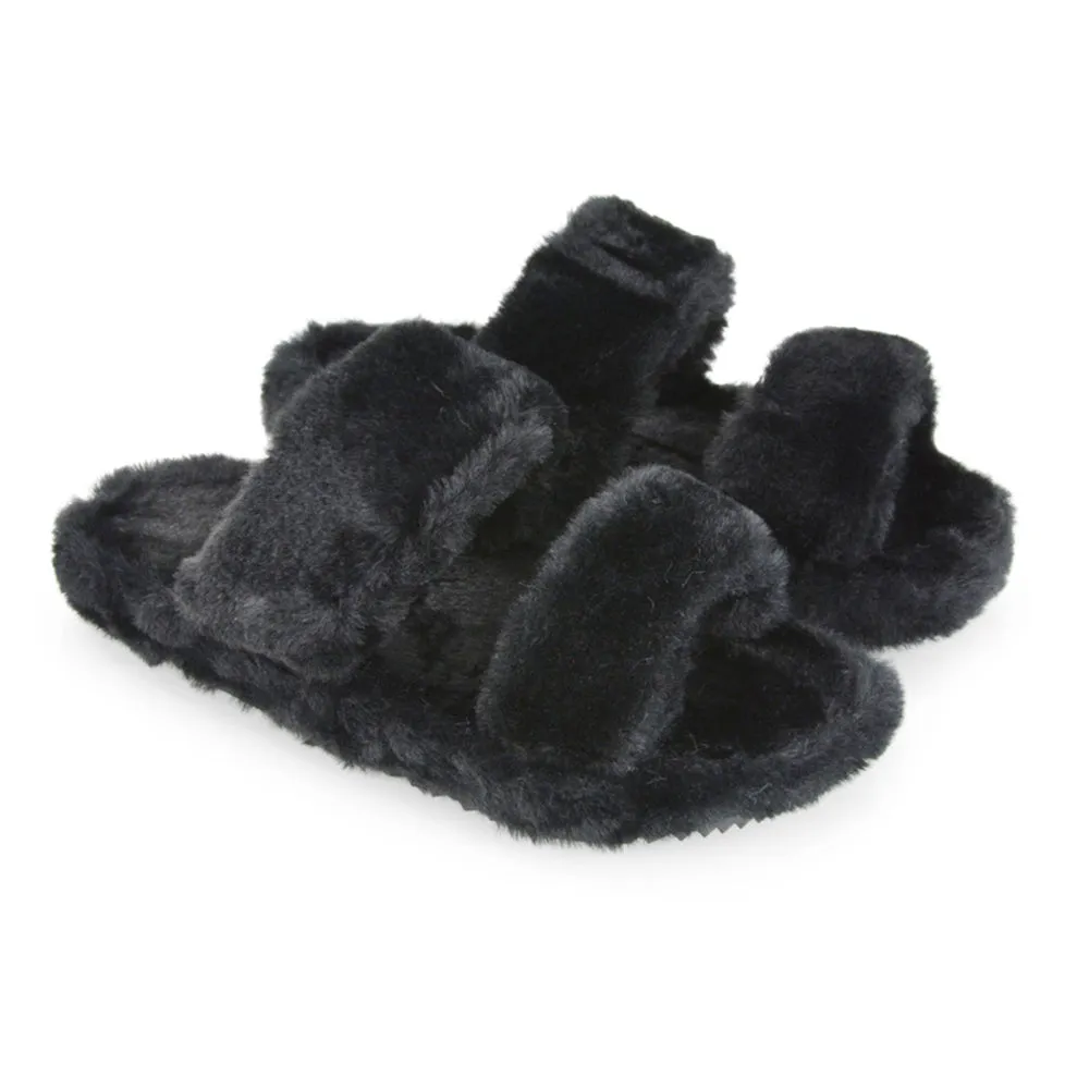 Kiara Fluffy Faux Fur Double Strap Slip on Cosy Lounge Flat Slippers in Black