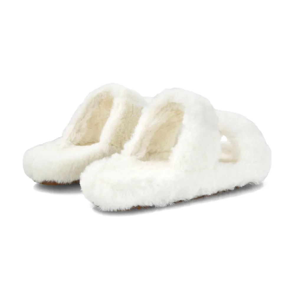 Kiara Fluffy Faux Fur Double Strap Slip on Cosy Lounge Flat Slippers in Black