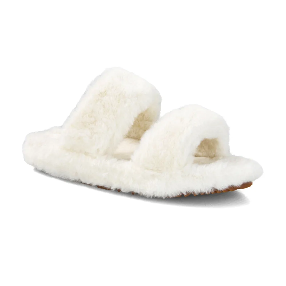 Kiara Fluffy Faux Fur Double Strap Slip on Cosy Lounge Flat Slippers in Black