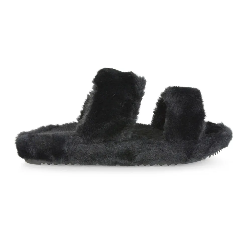 Kiara Fluffy Faux Fur Double Strap Slip on Cosy Lounge Flat Slippers in Black