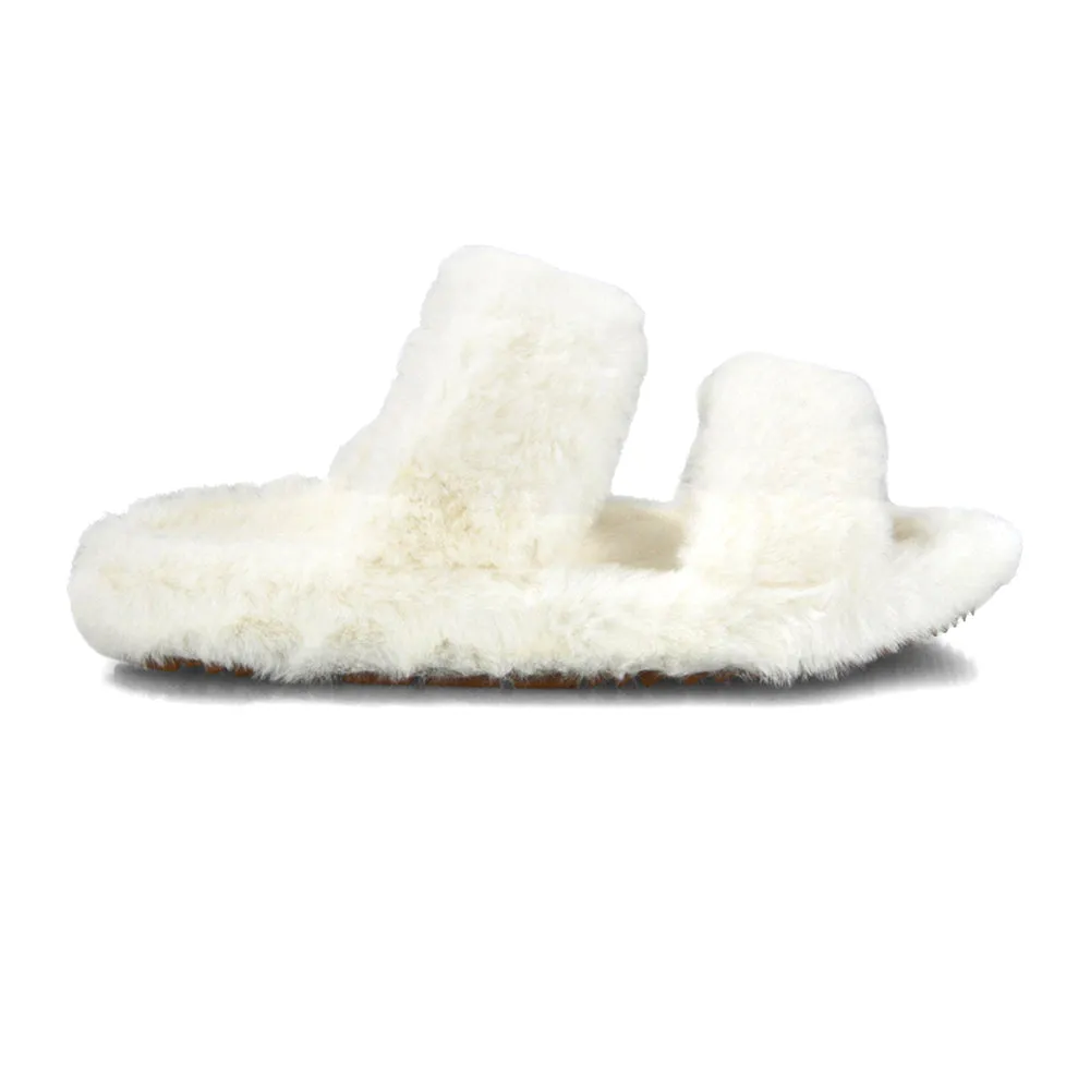 Kiara Fluffy Faux Fur Double Strap Slip on Cosy Lounge Flat Slippers in Black