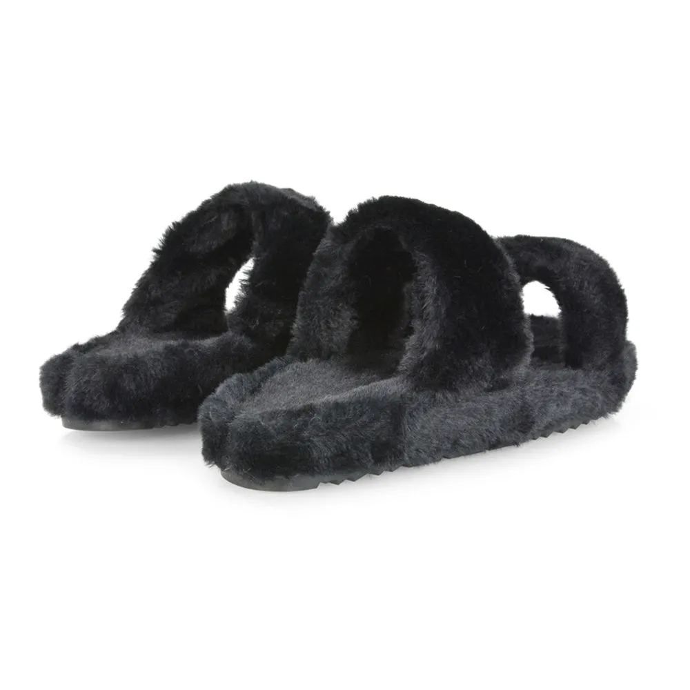 Kiara Fluffy Faux Fur Double Strap Slip on Cosy Lounge Flat Slippers in Black