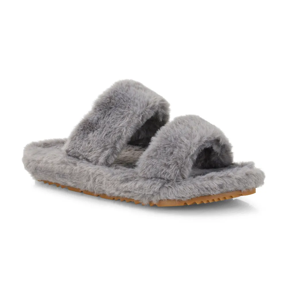 Kiara Fluffy Faux Fur Double Strap Slip on Cosy Lounge Flat Slippers in Black