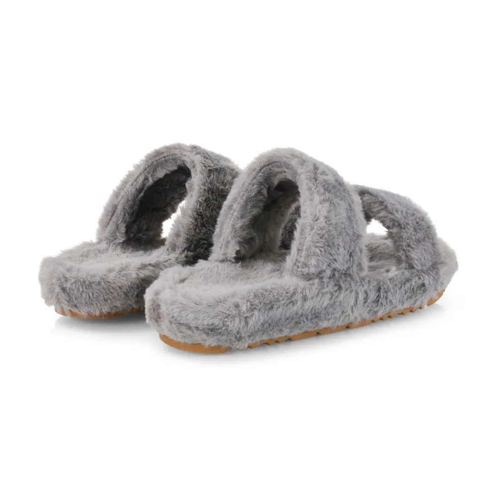 Kiara Fluffy Faux Fur Double Strap Slip on Cosy Lounge Flat Slippers in Black