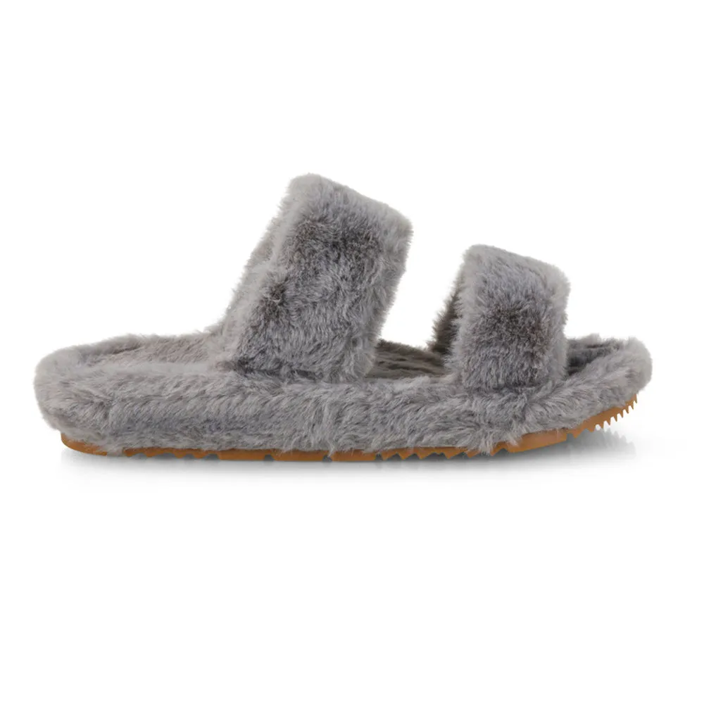 Kiara Fluffy Faux Fur Double Strap Slip on Cosy Lounge Flat Slippers in Black