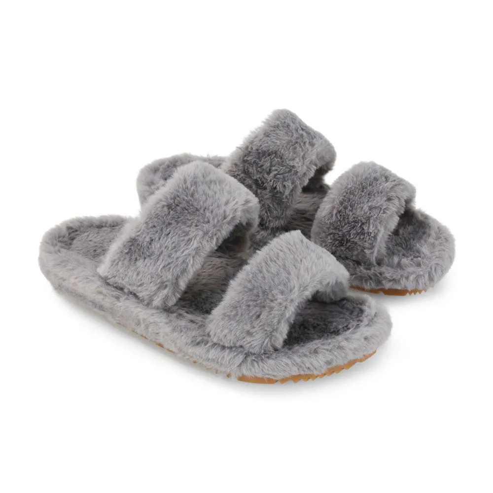 Kiara Fluffy Faux Fur Double Strap Slip on Cosy Lounge Flat Slippers in Black