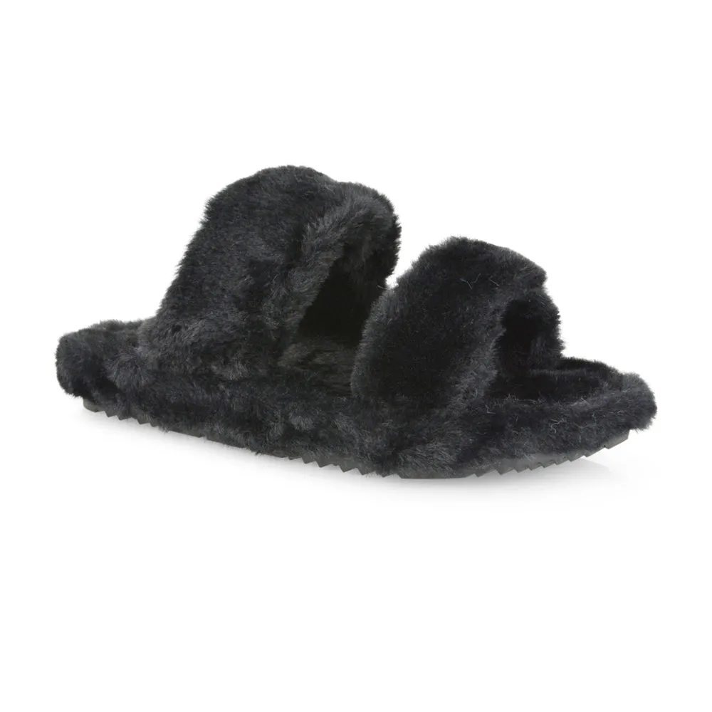 Kiara Fluffy Faux Fur Double Strap Slip on Cosy Lounge Flat Slippers in Black