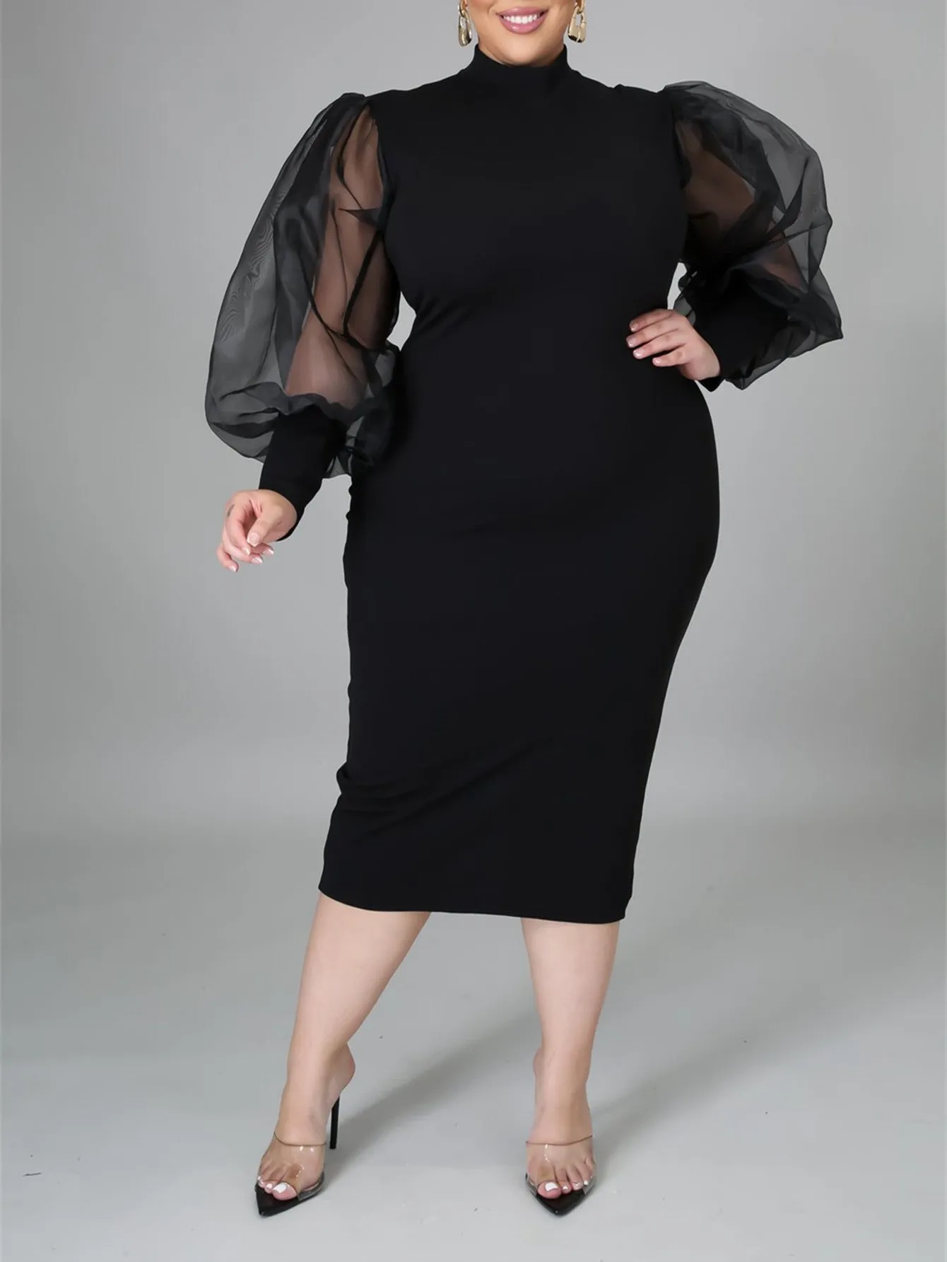 KittenAlarm - Fashion Puff Sleeve Plus Size Party Midi Dress