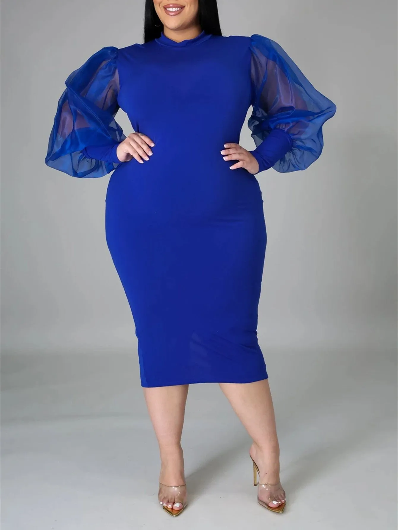 KittenAlarm - Fashion Puff Sleeve Plus Size Party Midi Dress