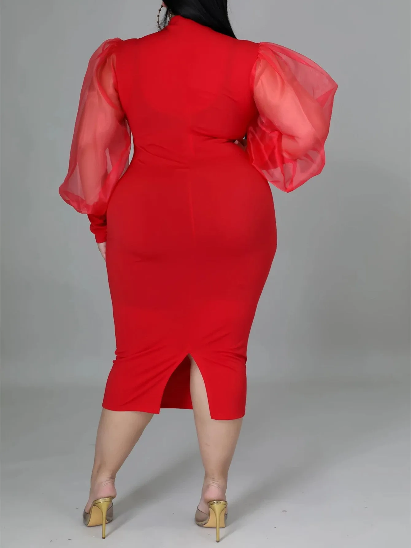 KittenAlarm - Fashion Puff Sleeve Plus Size Party Midi Dress