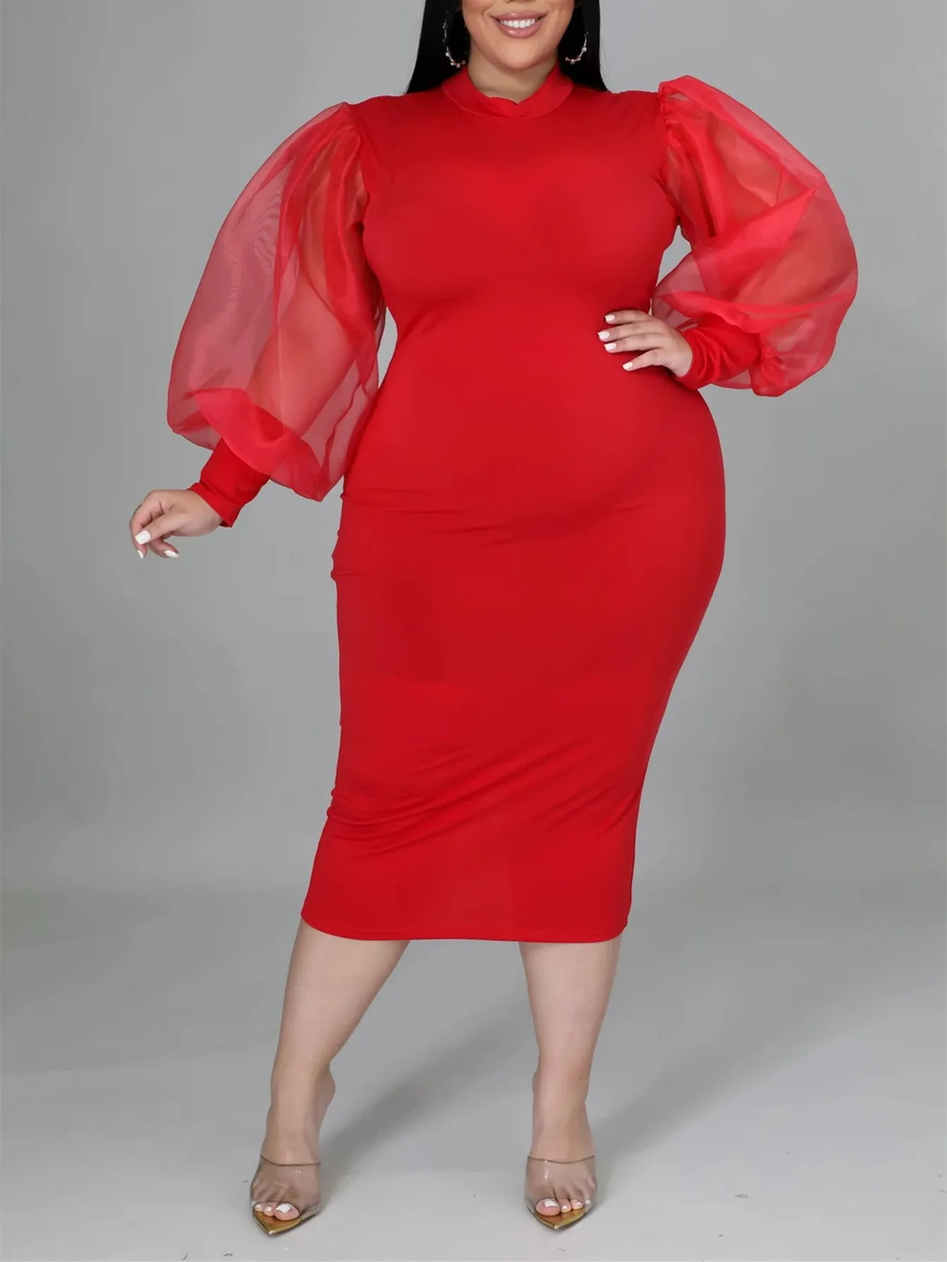 KittenAlarm - Fashion Puff Sleeve Plus Size Party Midi Dress