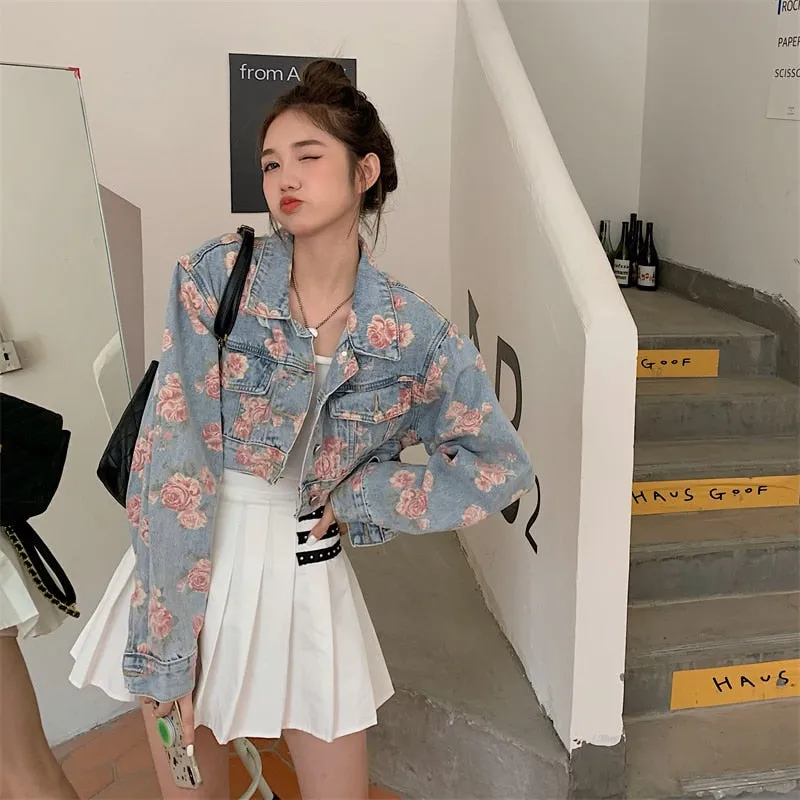 KittenAlarm - Rose Pattern Loose Short Jeans Jacket