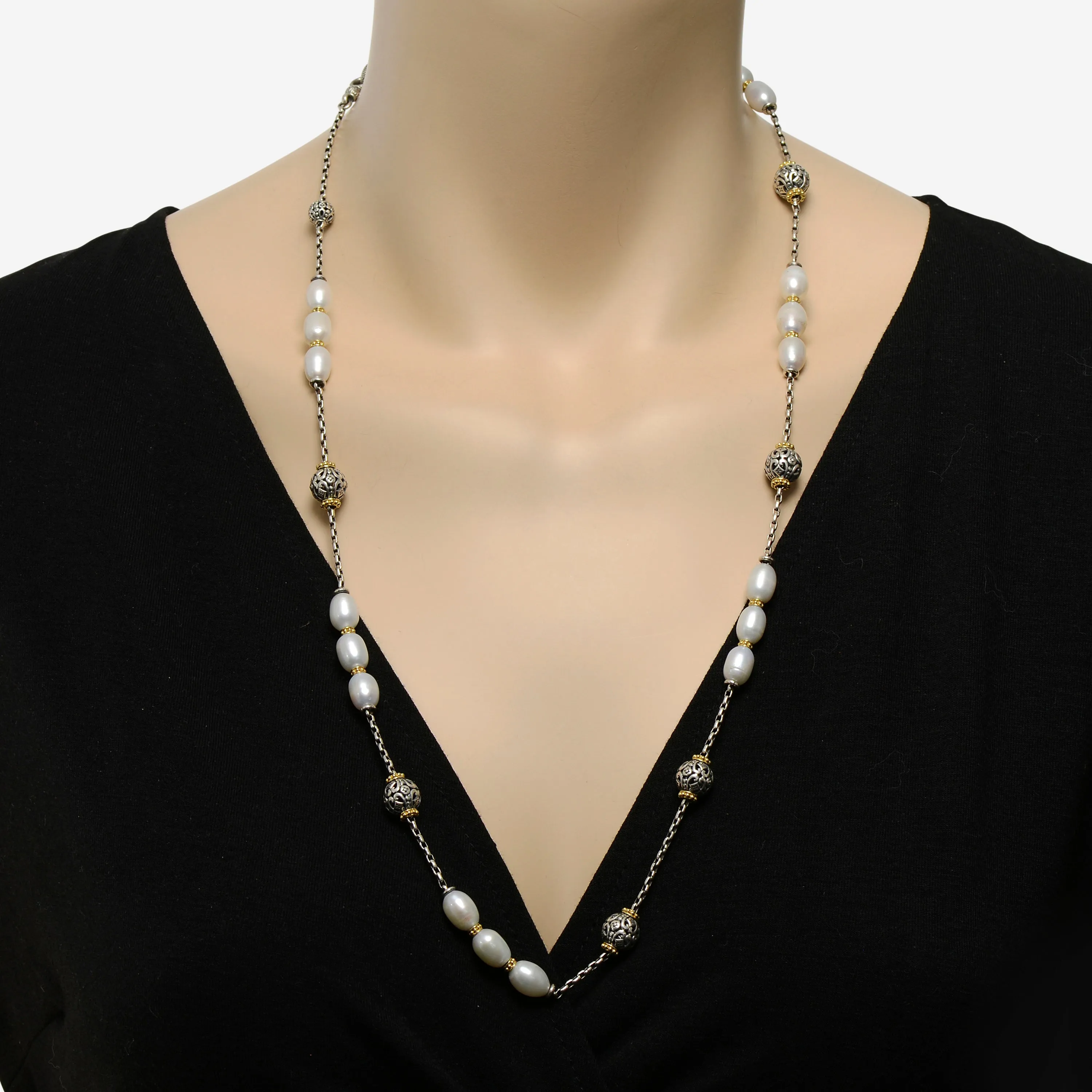 Konstantino Kleos Sterling Silver and 18K Yellow Gold, Pearl Station Necklace KOMK4767-122-33