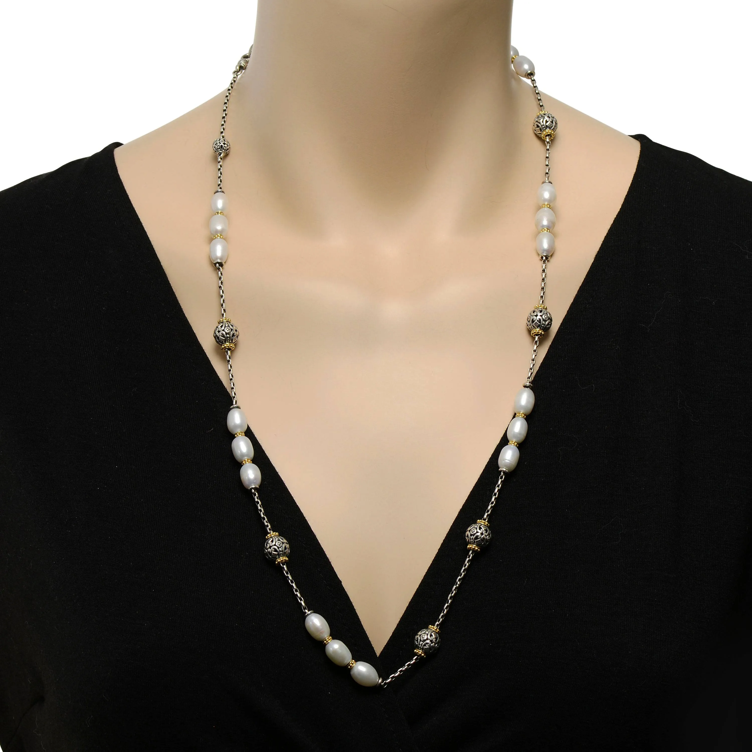 Konstantino Kleos Sterling Silver and 18K Yellow Gold, Pearl Station Necklace KOMK4767-122-33