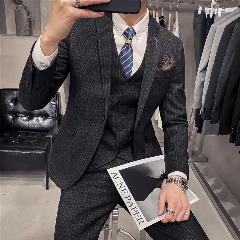 Korean-style slim fit striped three-piece suit