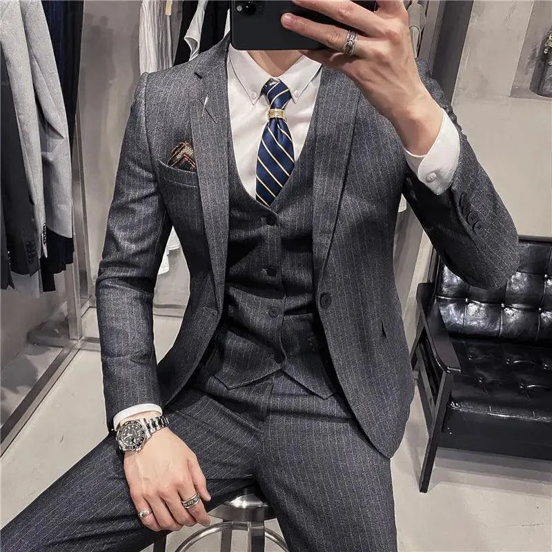 Korean-style slim fit striped three-piece suit