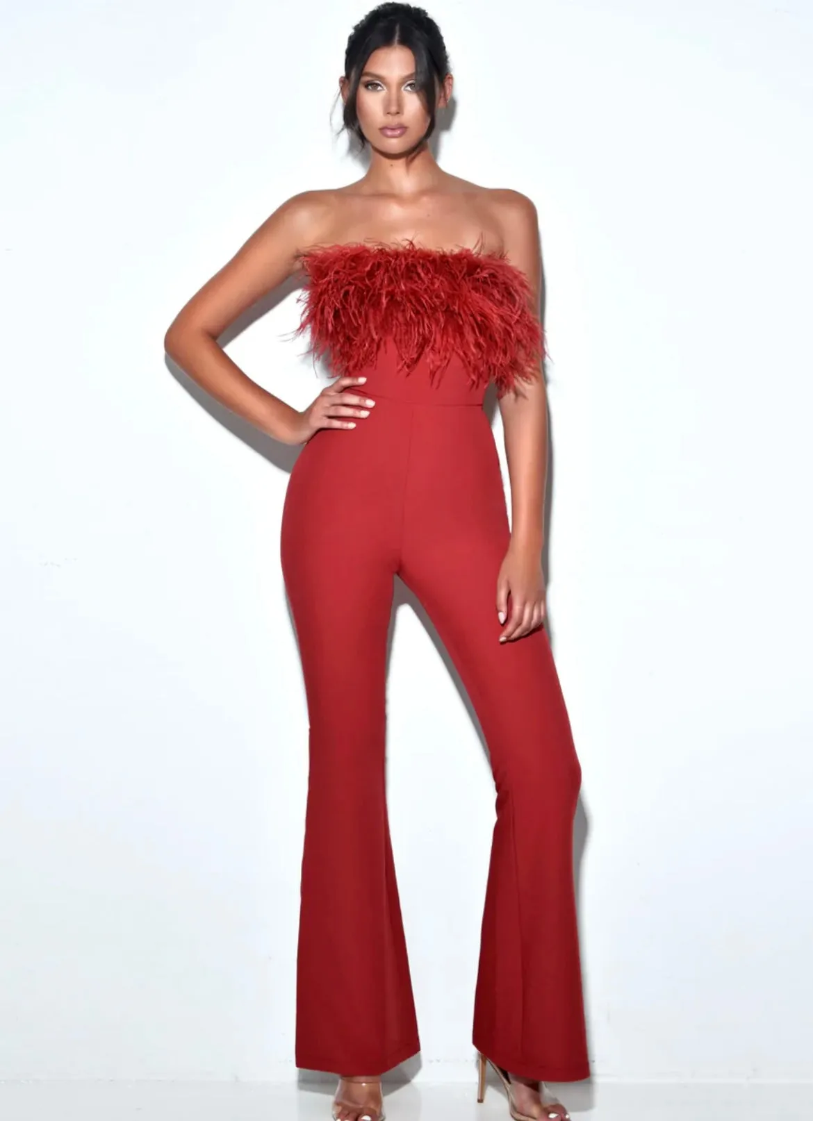 KYLIE FEATHER FLARE LEG JUMPSUIT