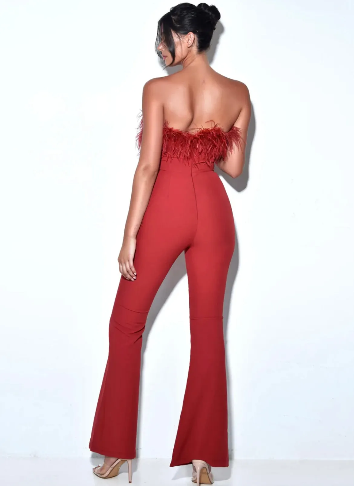 KYLIE FEATHER FLARE LEG JUMPSUIT