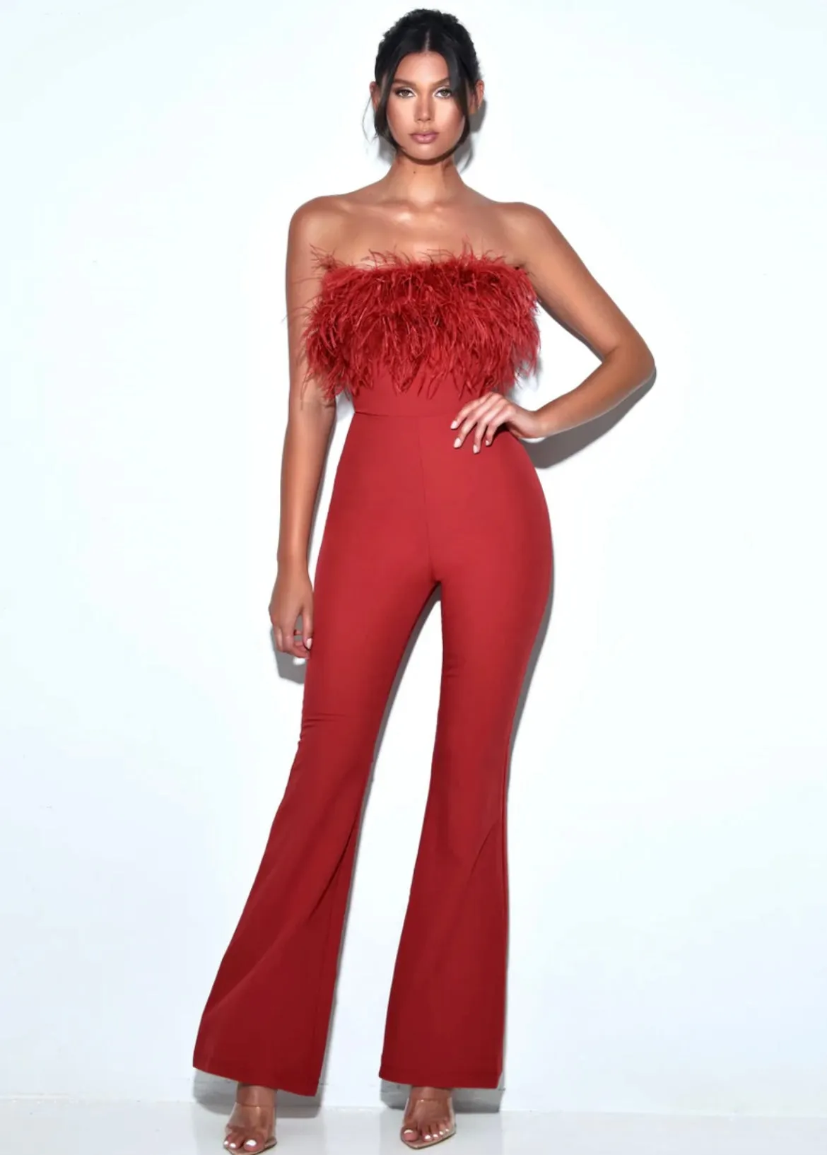 KYLIE FEATHER FLARE LEG JUMPSUIT