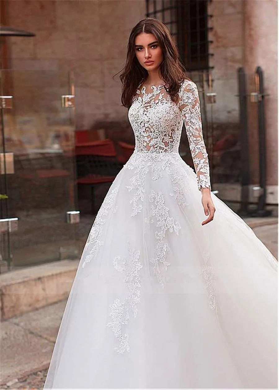 Lace Appliques Tulle A-line Long Wedding Dress Long Sleeve Bridal Dresses