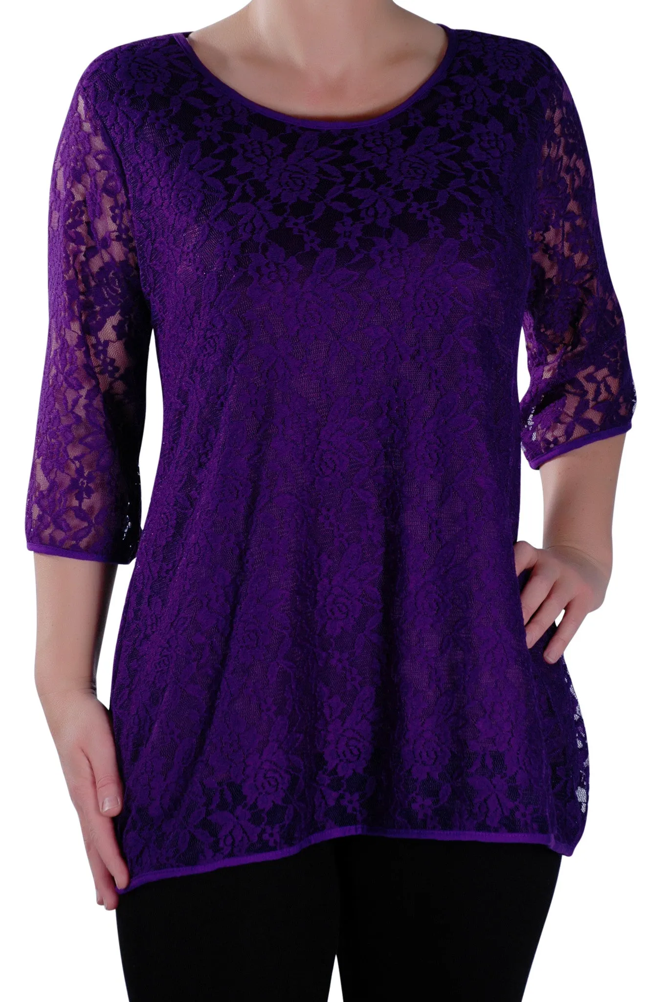 Lace Round Neck 3/4 Sleeve Tunic Top