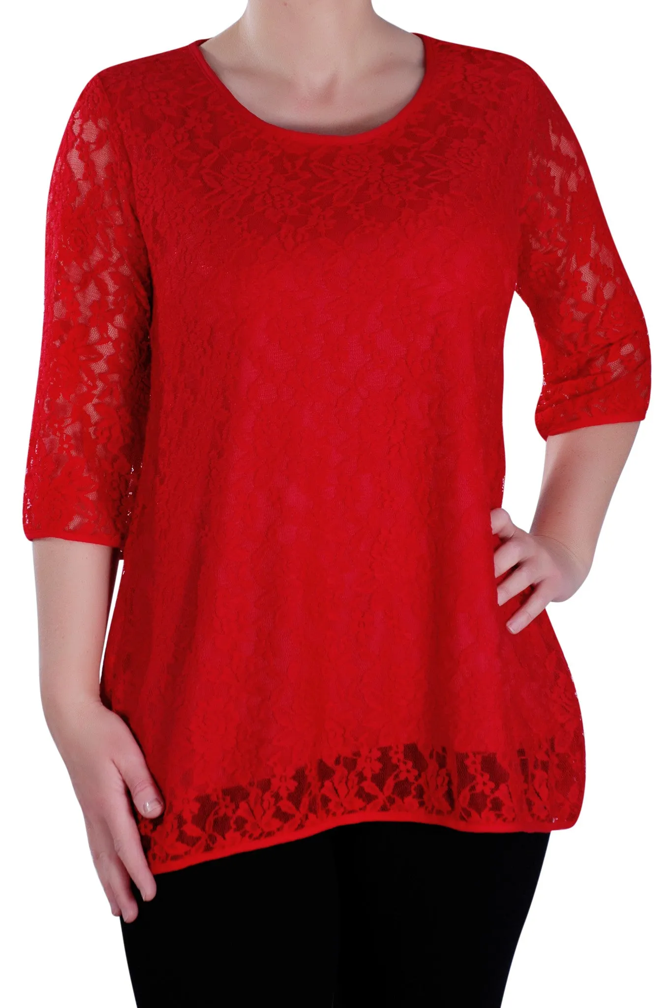 Lace Round Neck 3/4 Sleeve Tunic Top