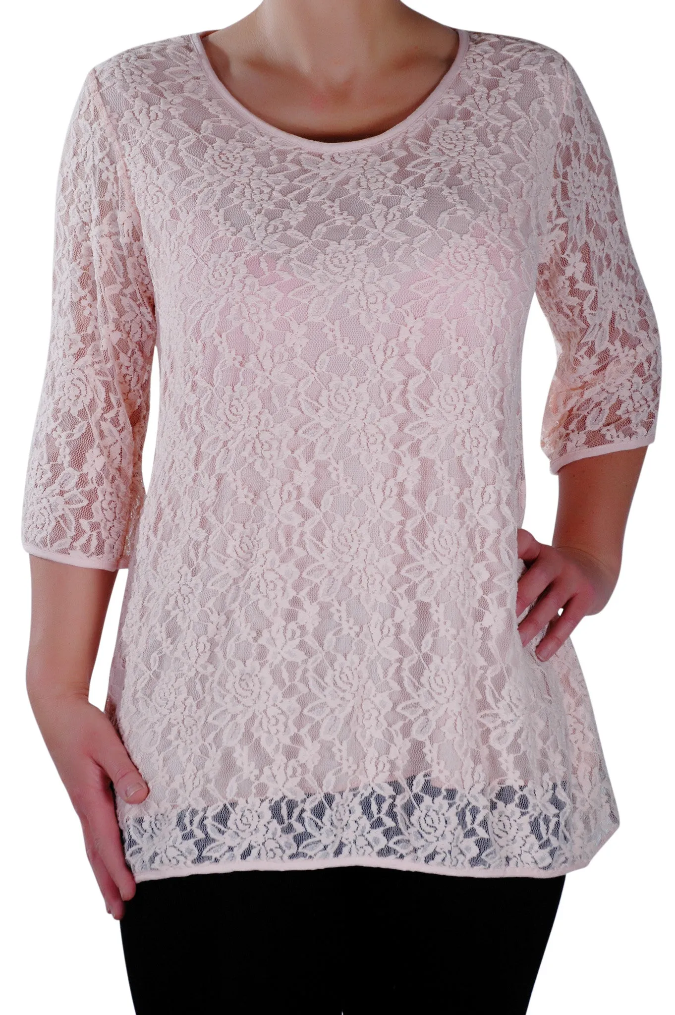 Lace Round Neck 3/4 Sleeve Tunic Top