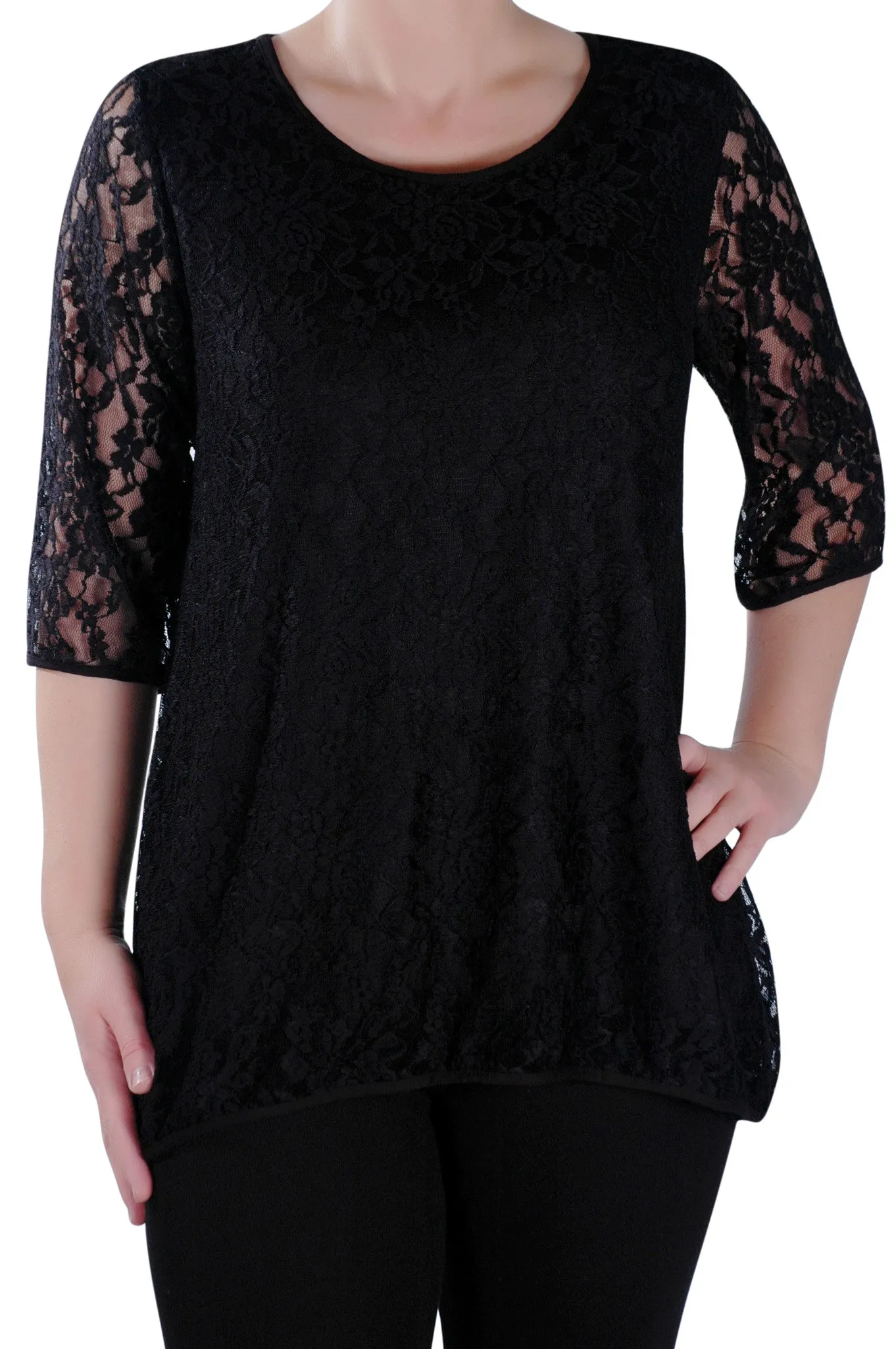 Lace Round Neck 3/4 Sleeve Tunic Top