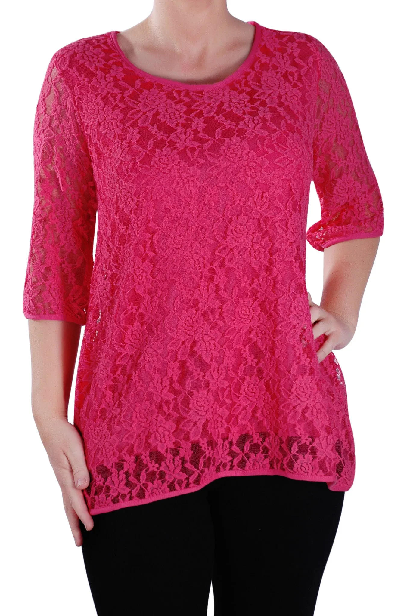 Lace Round Neck 3/4 Sleeve Tunic Top