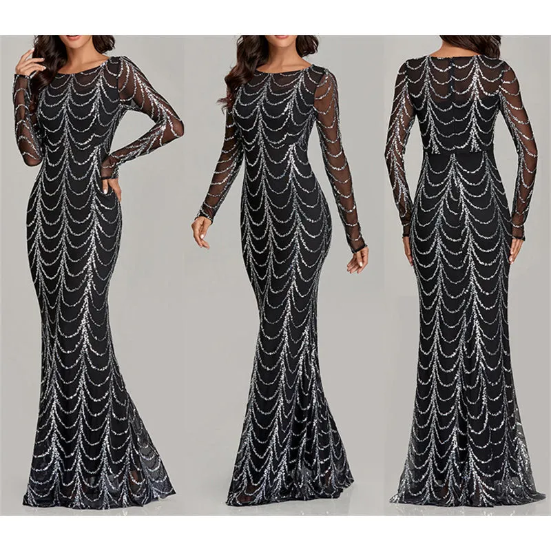 Lady's premium sequins long sleeves mermaid maxi dress | Elegant luxury banquet party dress evening gowns