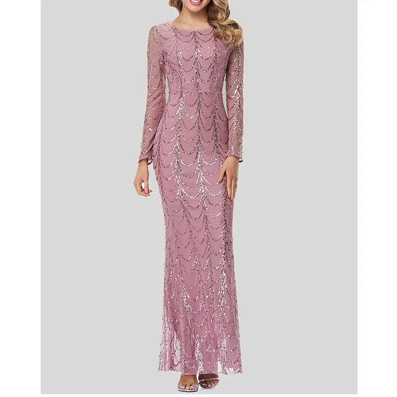 Lady's premium sequins long sleeves mermaid maxi dress | Elegant luxury banquet party dress evening gowns