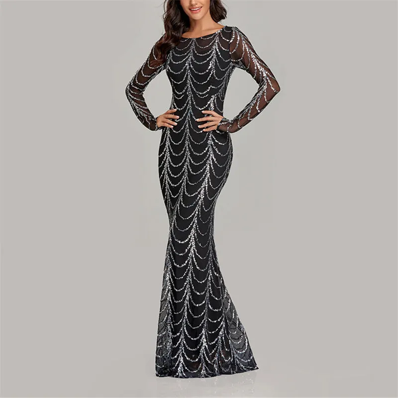 Lady's premium sequins long sleeves mermaid maxi dress | Elegant luxury banquet party dress evening gowns