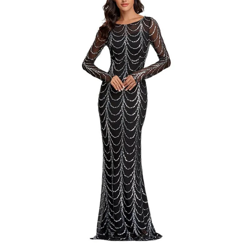 Lady's premium sequins long sleeves mermaid maxi dress | Elegant luxury banquet party dress evening gowns