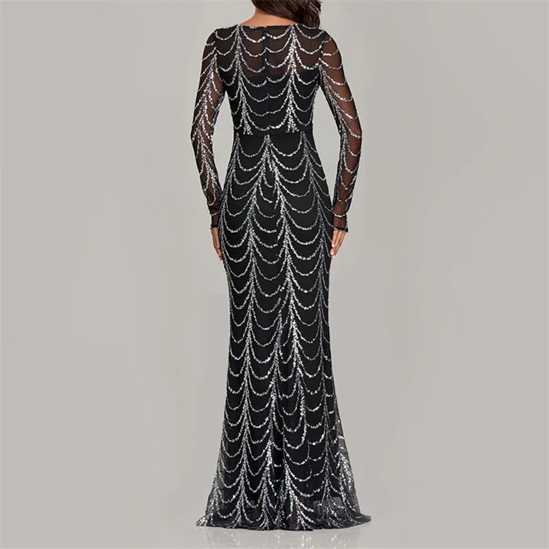 Lady's premium sequins long sleeves mermaid maxi dress | Elegant luxury banquet party dress evening gowns