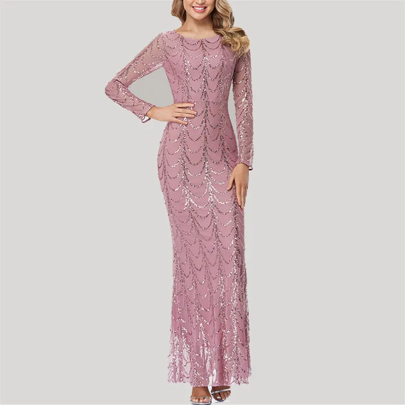 Lady's premium sequins long sleeves mermaid maxi dress | Elegant luxury banquet party dress evening gowns