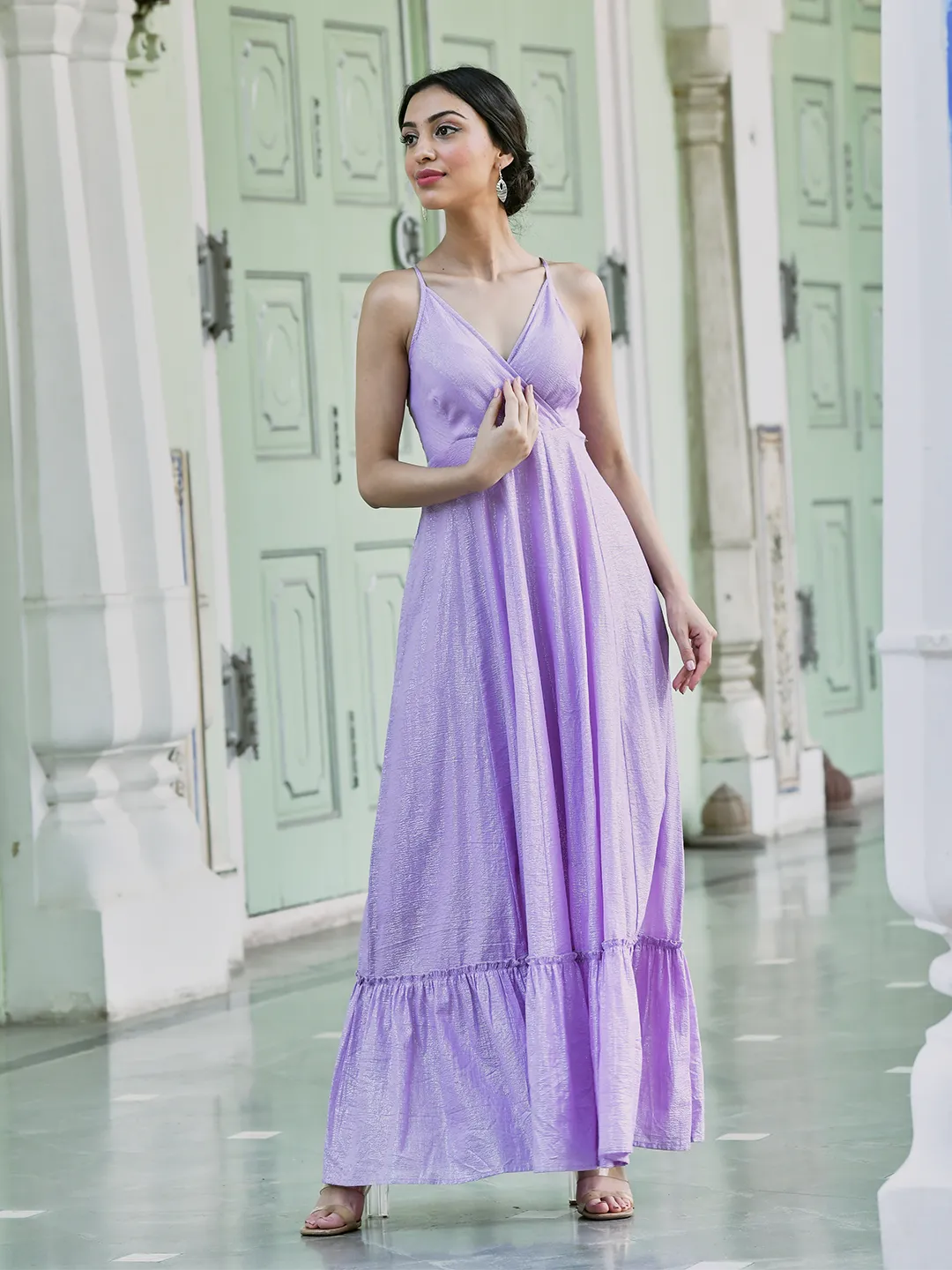 Lavender Lurex Strappy Tiered Dress