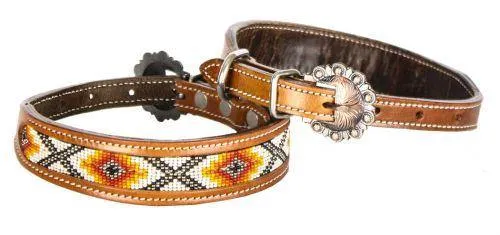 Leather Dog Collar Beaded Inlay Red, Orange, and Yellow